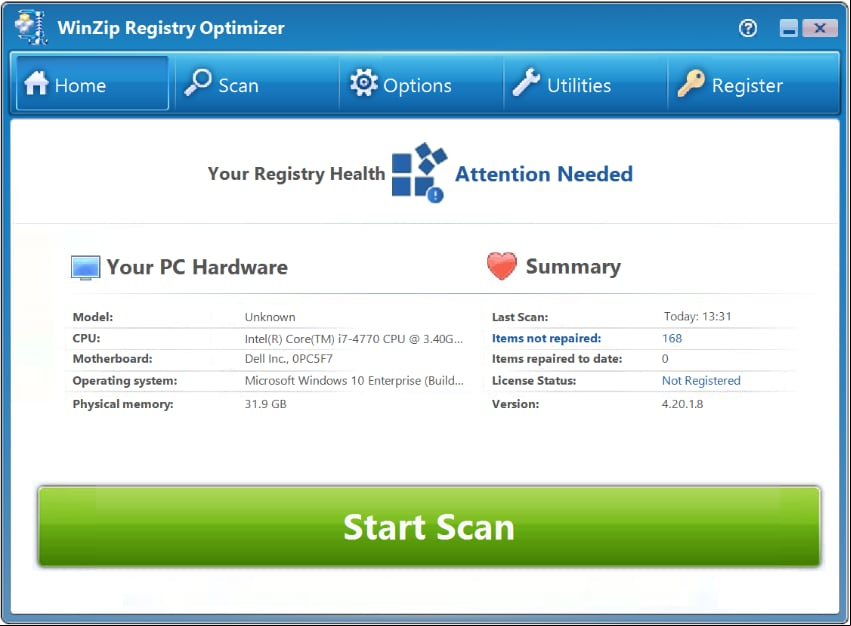 Características de WinZip Registry Optimizer 4